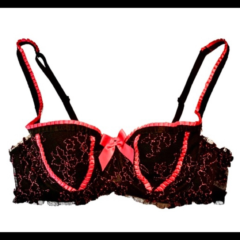 Victoria’s Secret Lace Corset Balconette Underwire Bra Black Neon Pink S